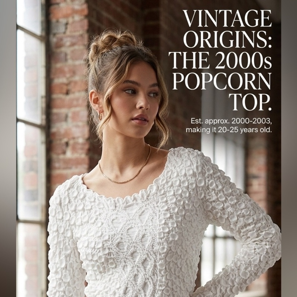 Vintage White Popcorn Stretch Blouse – One Size Fits All – Y2K Era